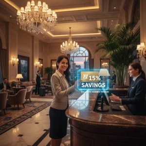 Mujer sonriente registrándose en un hotel de lujo con tarjeta de fidelización, simbolizando el ahorro.
