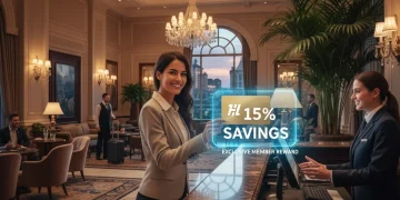 Mujer sonriente registrándose en un hotel de lujo con tarjeta de fidelización, simbolizando el ahorro.