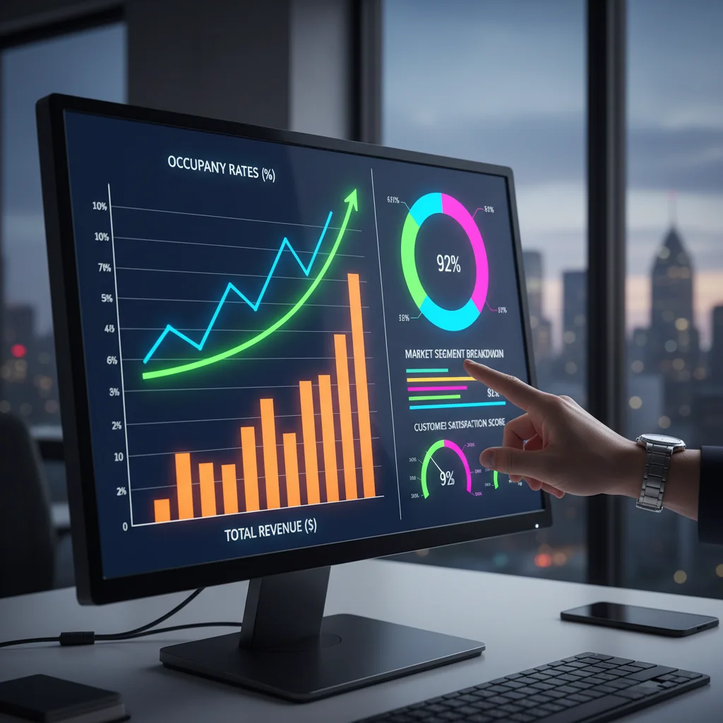 Panel de control de análisis de datos mostrando el aumento de la ocupación y los ingresos de una propiedad turística.