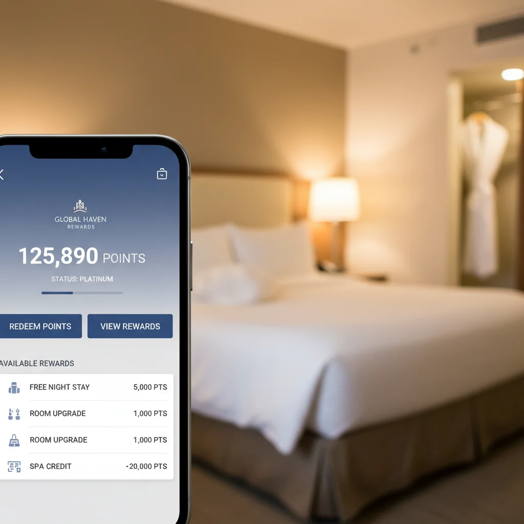 Pantalla de smartphone con aplicación de programa de fidelización hotelera, mostrando puntos y recompensas.
