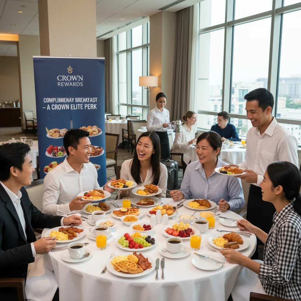 Grupo de amigos disfrutando de desayuno gratuito en hotel, beneficio de programa de fidelización.