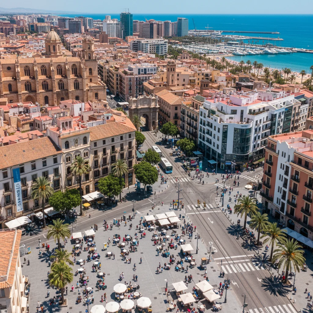 Vista aérea de una vibrante ciudad española, mostrando una mezcla de arquitectura histórica y moderna, y actividad turística.