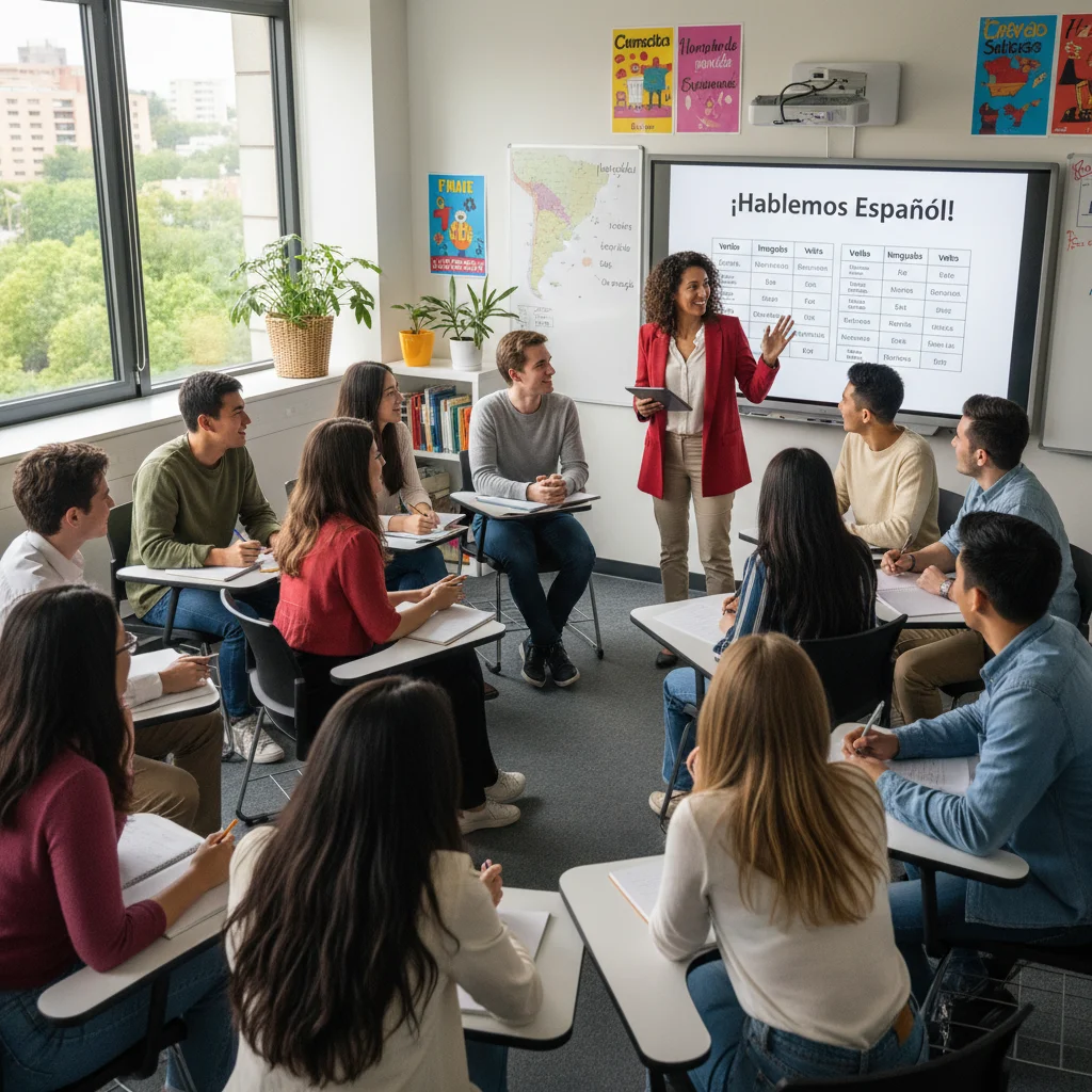 Estudiantes internacionales en una clase de español, con un profesor impartiendo la lección.