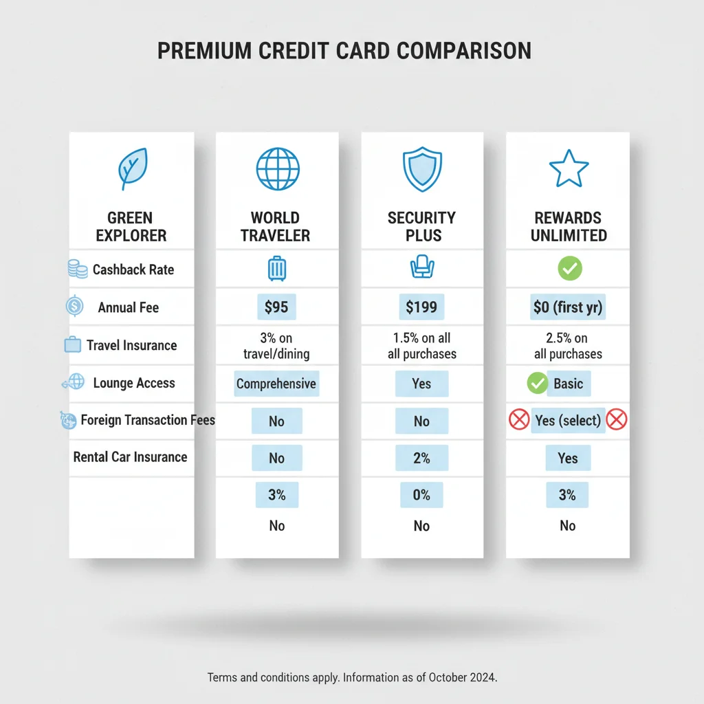 Tabla comparativa de características y beneficios de diferentes tarjetas de crédito de viaje, mostrando porcentajes de devolución y seguros.