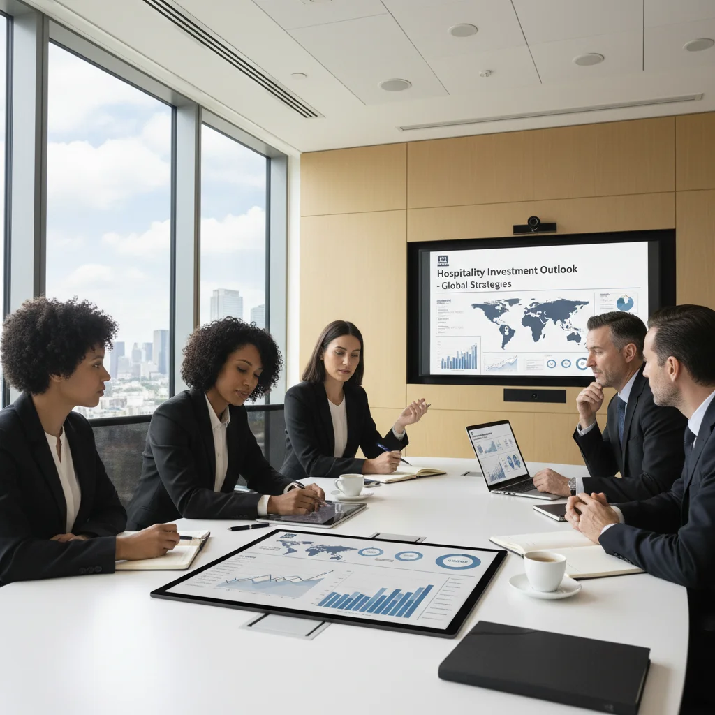 Profesionales discutiendo estrategias de inversión en el sector hotelero español, analizando datos y oportunidades.