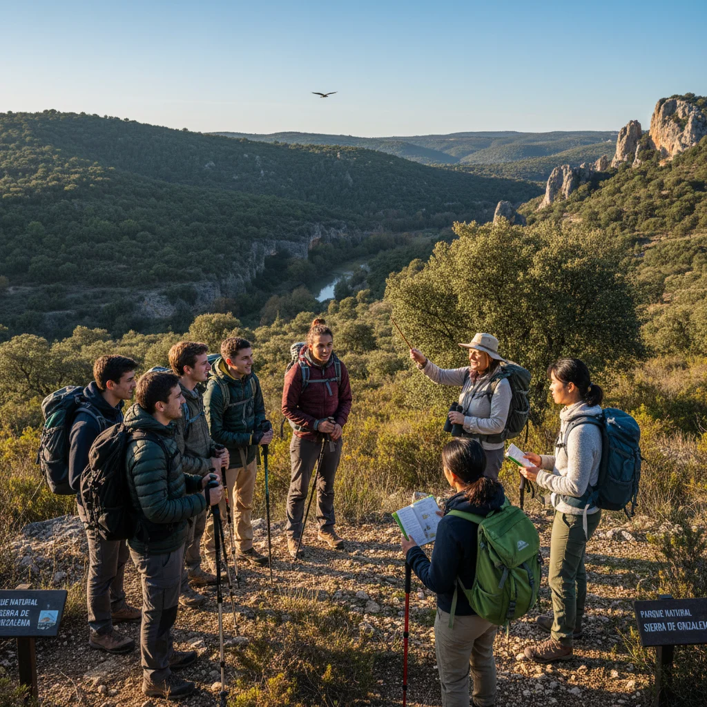 Jóvenes explorando la naturaleza en un parque rural español, aprendiendo sobre la biodiversidad.