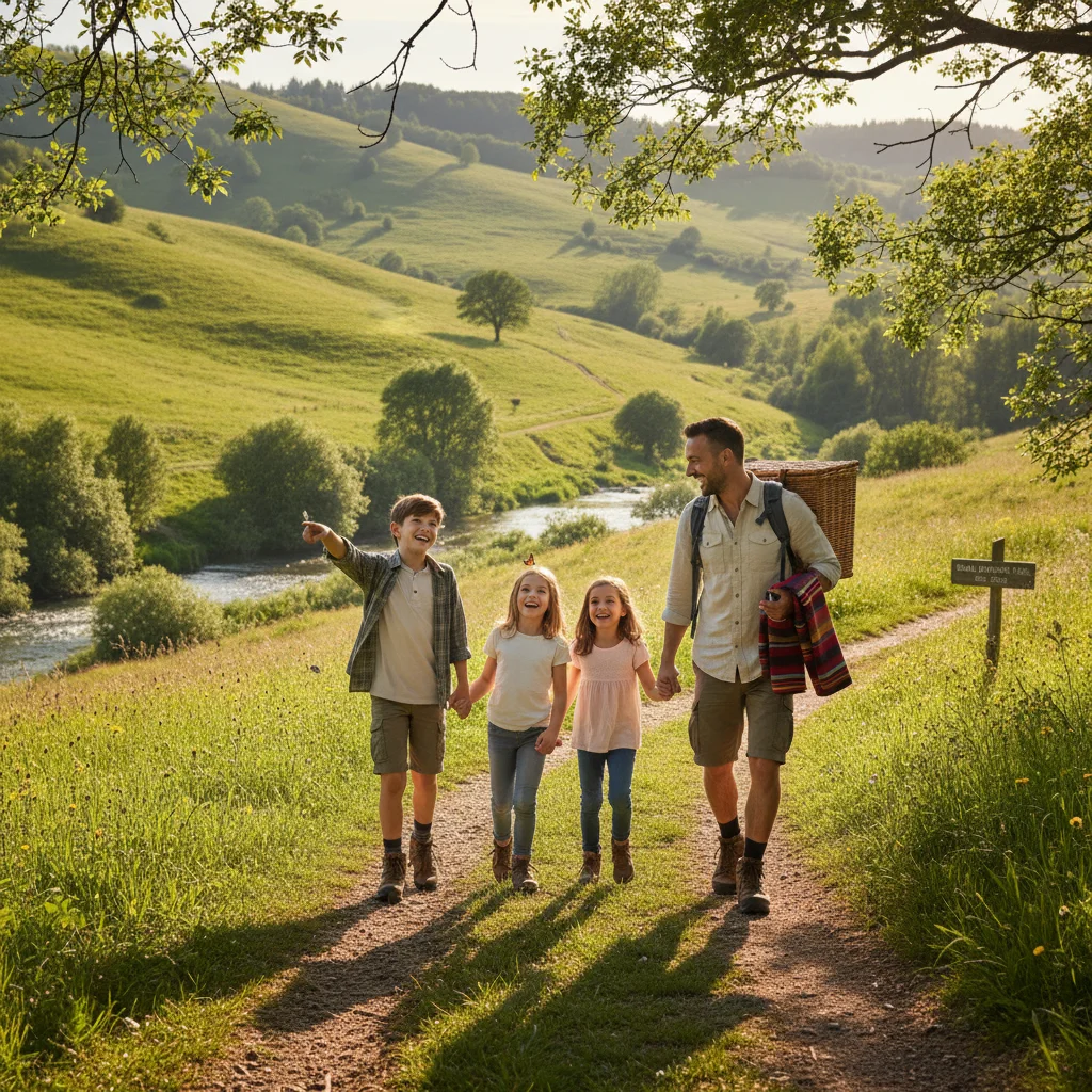 Familia disfrutando de una actividad al aire libre en un entorno rural, representando la experiencia del turismo rural apoyado por ayudas.