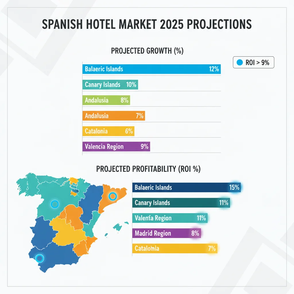 Gráfico de proyecciones de rentabilidad hotelera en diversas regiones de España para el próximo año.