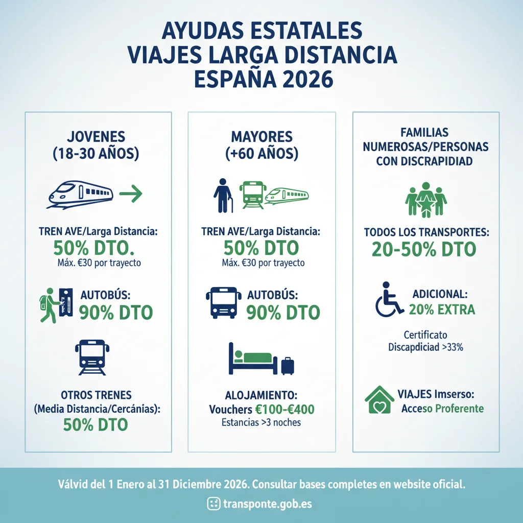 Infografía comparativa de ayudas para viajes de larga distancia en España 2026