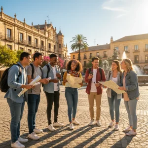 Programas Intercambio Cultural España 2026 con Alojamiento Jóvenes de diferentes nacionalidades interactuando en una plaza española, simbolizando intercambio cultural.