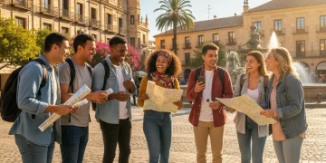 Jóvenes de diferentes nacionalidades interactuando en una plaza española, simbolizando intercambio cultural.