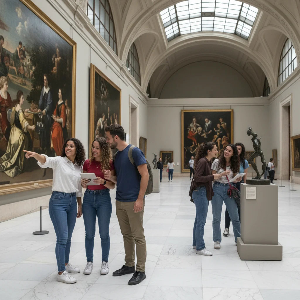 Jóvenes explorando una galería de arte en un museo español, inmersos en la cultura.