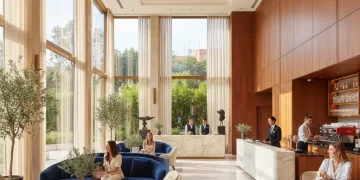 Lujoso lobby de hotel moderno en España, símbolo de inversiones hoteleras exitosas y rentabilidad.