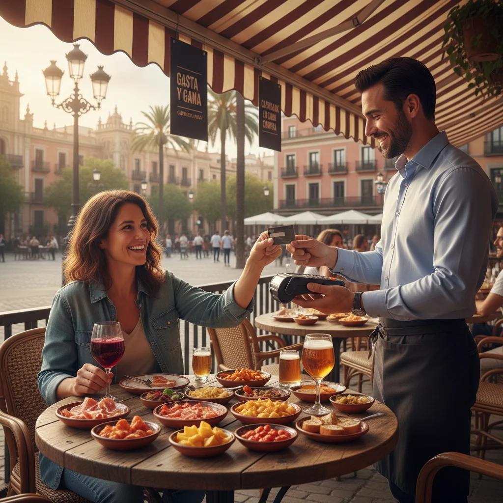 Persona pagando con tarjeta de crédito en un café al aire libre en España, disfrutando de gastos de ocio con beneficios.