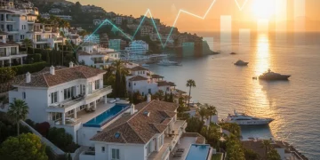 Paisaje costero español con propiedades de lujo y gráficos de crecimiento, simbolizando la revalorización inmobiliaria turística.