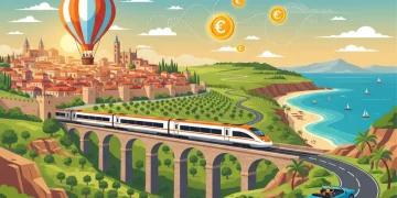 Paisaje español con diversos medios de transporte y elementos de ahorro en 2026