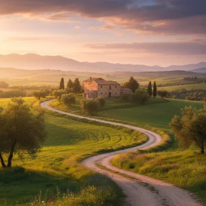 Paisaje rural español con casa de piedra tradicional al atardecer, simbolizando el turismo rural y las ayudas de 2026.