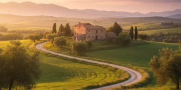 Paisaje rural español con casa de piedra tradicional al atardecer, simbolizando el turismo rural y las ayudas de 2026.