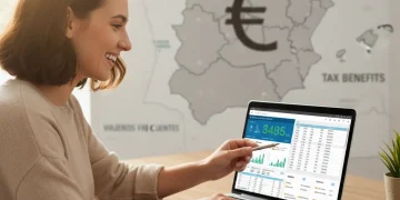 Persona sonriente revisando documentos fiscales y billetes de viaje en un ordenador portátil con un mapa de España de fondo.