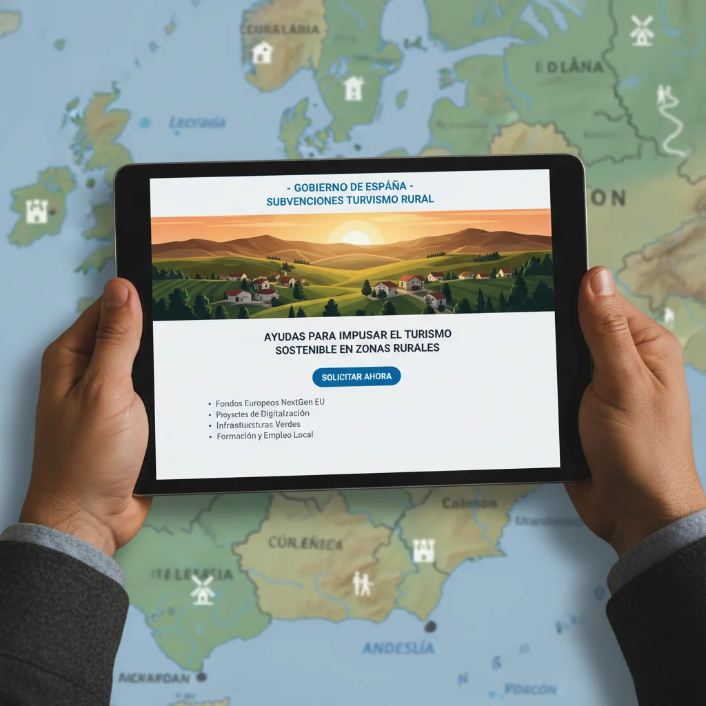 Manos sosteniendo una tablet con información sobre ayudas estatales para turismo rural, mostrando la planificación de un viaje.