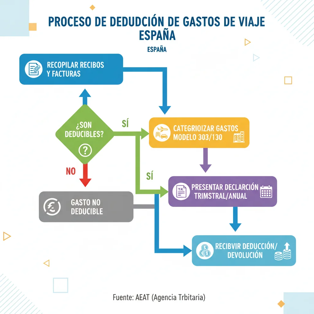 Infografía detallada del proceso de deducción fiscal para gastos de viaje en España, con pasos y flechas.