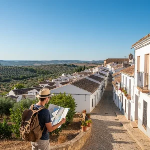 Becas de Turismo Rural 2026: Explora España con Apoyo Financiero Pueblo rural español pintoresco con casas blancas y colinas verdes, ideal para el turismo rural.