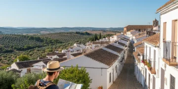 Pueblo rural español pintoresco con casas blancas y colinas verdes, ideal para el turismo rural.
