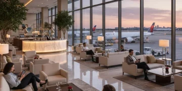 Interior de una lujosa sala VIP de aeropuerto con viajeros relajándose