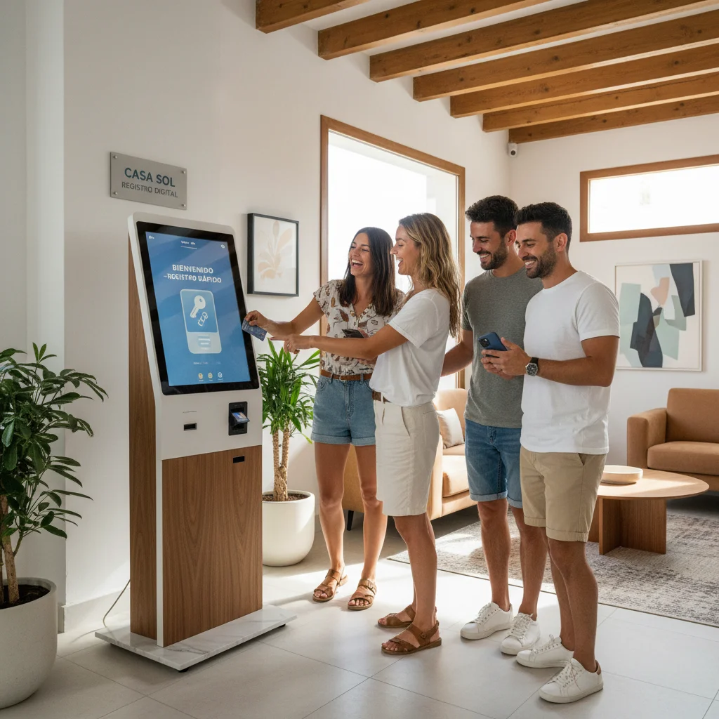Turistas utilizando un quiosco de auto check-in en una propiedad de alquiler vacacional en España para una experiencia digital fluida.