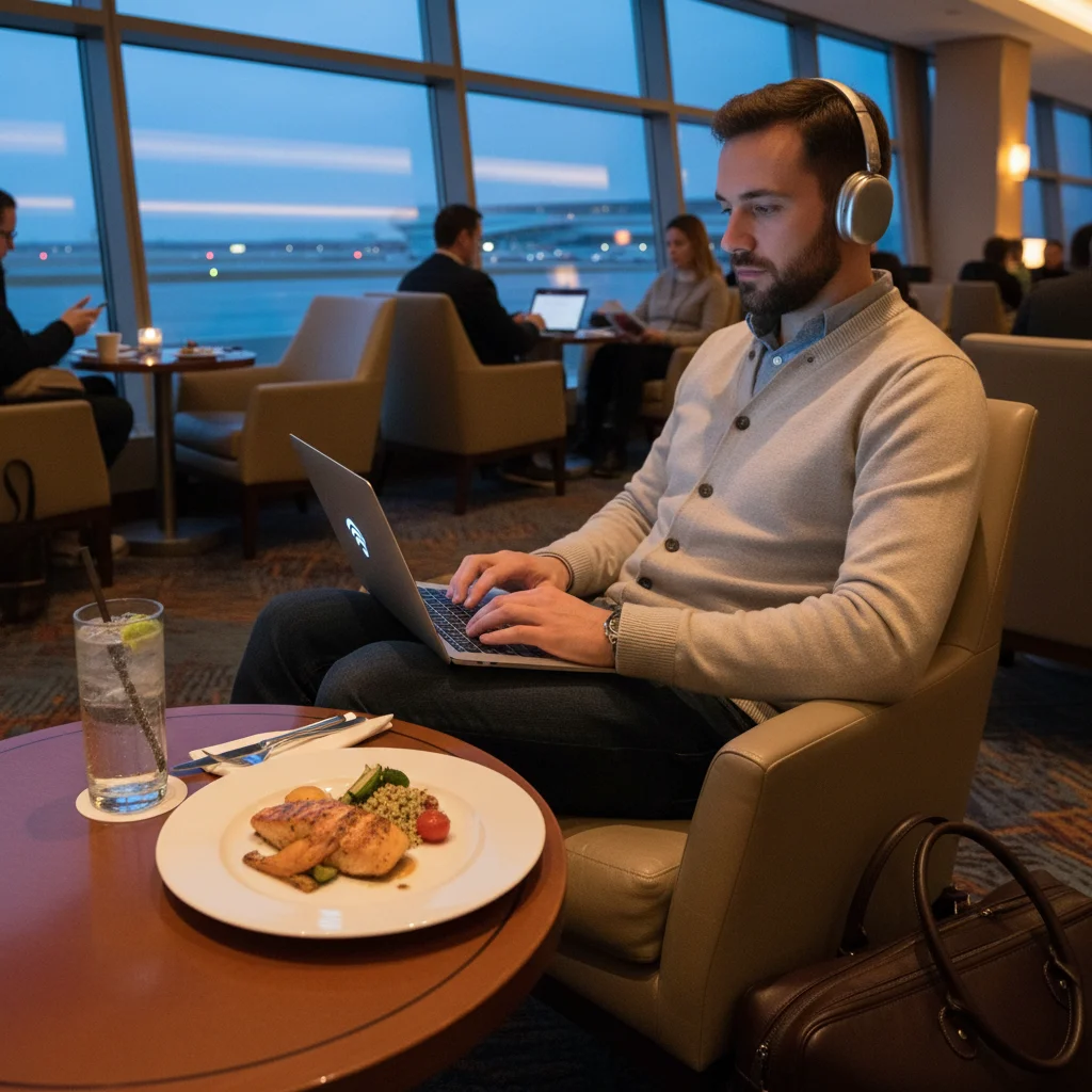 Viajero disfrutando de servicios premium en una sala VIP de aeropuerto