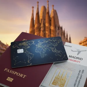 Tarjetas de Crédito de Viaje en España: ¿Cuál Ofrece 10% de Devolución en Ocio en 2026? Tarjeta de crédito de viaje con mapa mundial sobre pasaporte, simbolizando beneficios y recompensas para viajeros en España.