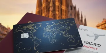 Tarjeta de crédito de viaje con mapa mundial sobre pasaporte, simbolizando beneficios y recompensas para viajeros en España.