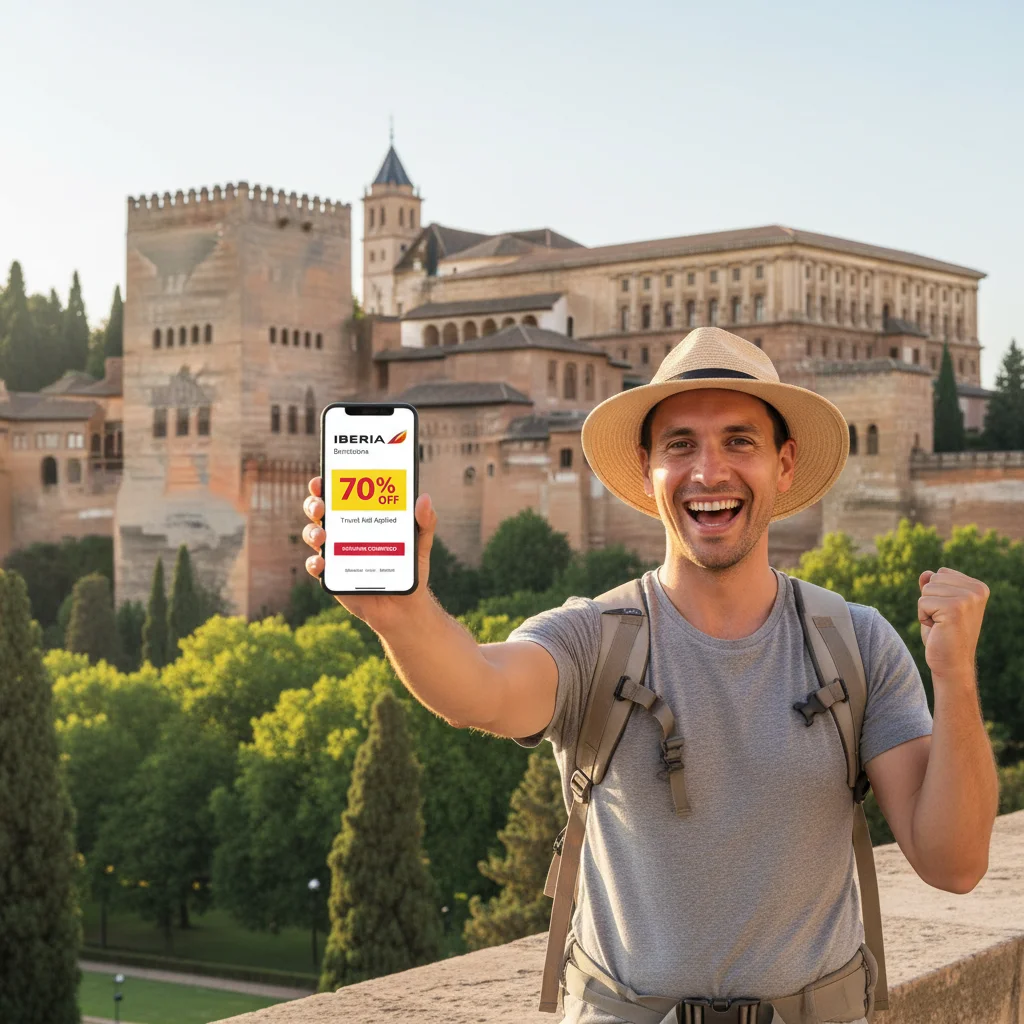 Viajero alegre mostrando ahorro en viaje frente a monumento español