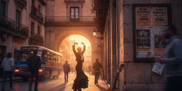 Calles históricas de España al atardecer, representando viajes culturales y oportunidades.