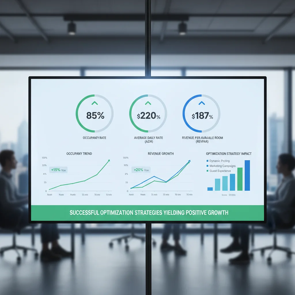Panel de control de análisis de datos mostrando métricas de rendimiento de propiedades turísticas y tendencias de crecimiento.