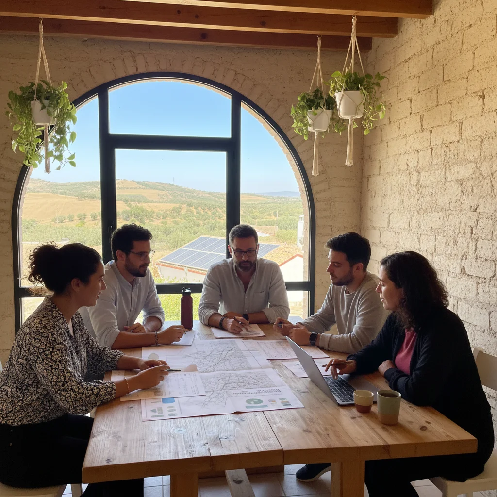 Equipo de trabajo colaborando en un proyecto de turismo sostenible, revisando documentos de subvenciones en un entorno rural español.