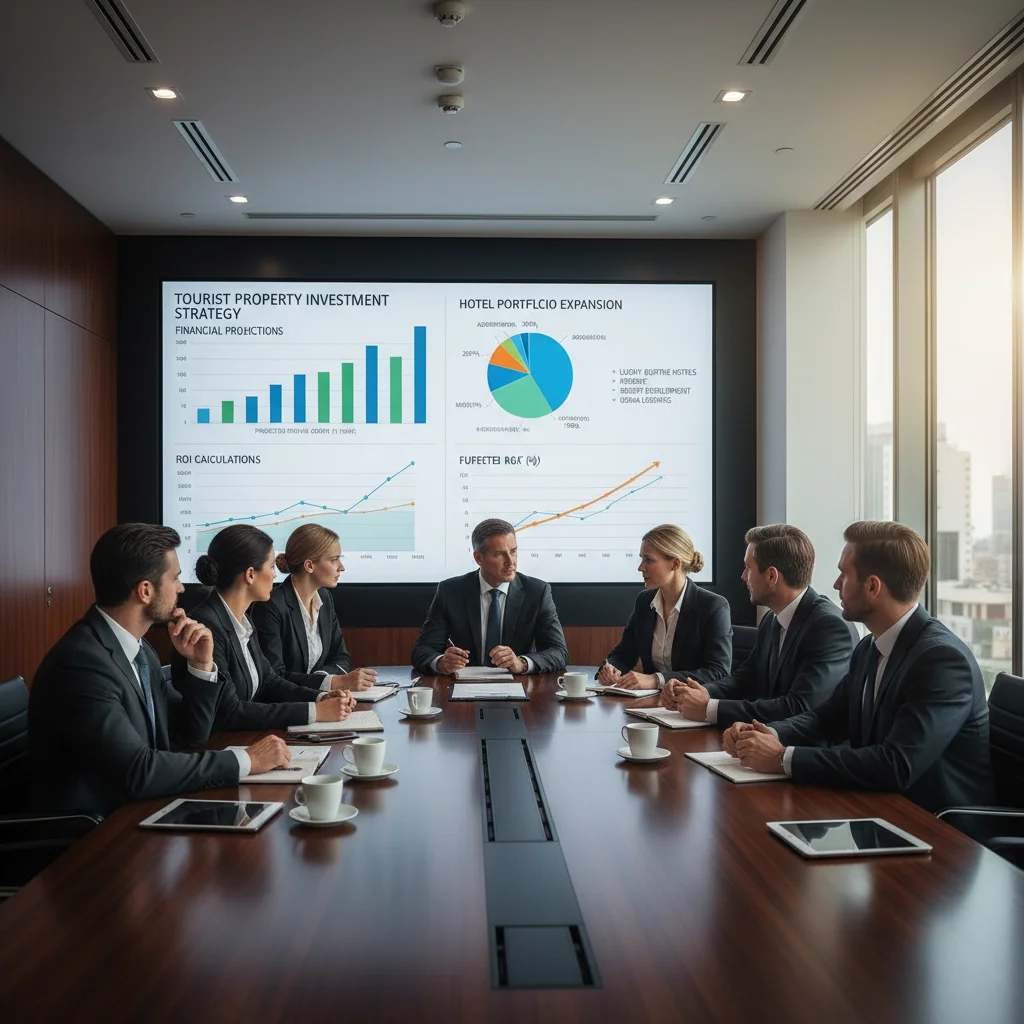 Reunión de negocios analizando estrategias de inversión y proyecciones financieras para un activo turístico.