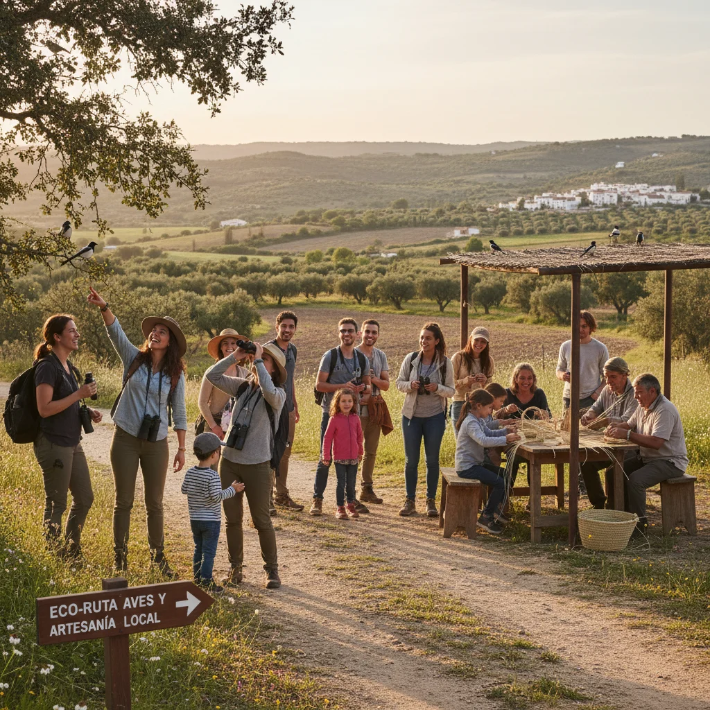 Grupo de viajeros participando en un tour ecológico en zona rural española