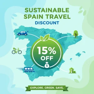 Subvenciones Viajes Sostenibles España: Guía Completa 2026 Infografía sobre las subvenciones del 15% para viajes sostenibles en España con elementos de transporte ecológico y el mapa del país.