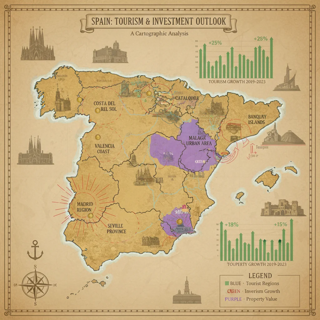 Mapa de España con regiones turísticas destacadas y datos de crecimiento.