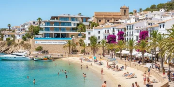 Paisaje costero español vibrante con edificios históricos y mar azul, simbolizando una inversión turística exitosa.
