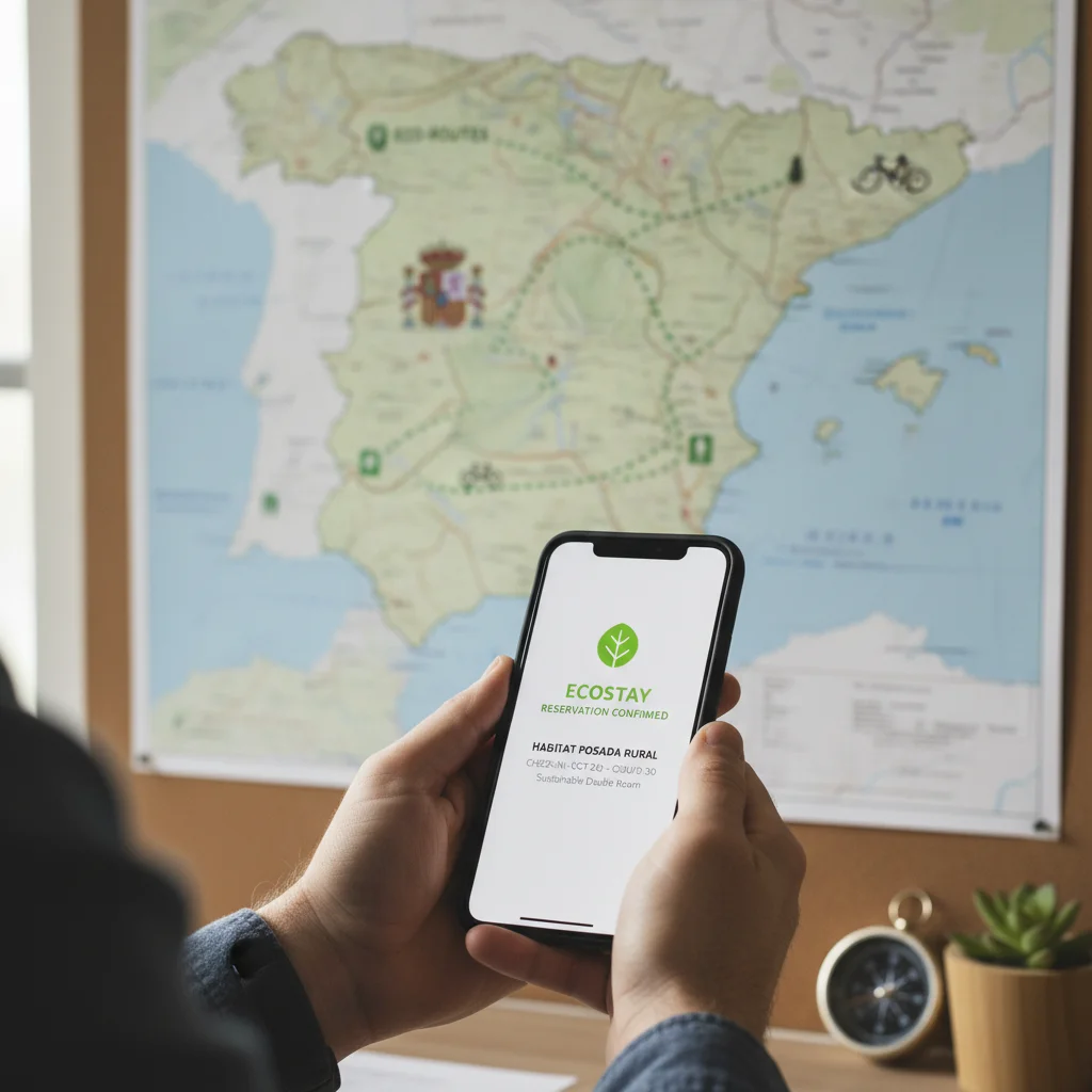 Reserva de alojamiento sostenible en smartphone con mapa de España