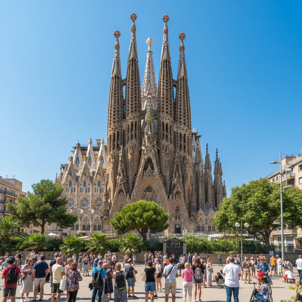 Majestuosa Sagrada Familia en Barcelona con su arquitectura detallada bajo un cielo azul, atrayendo a turistas.