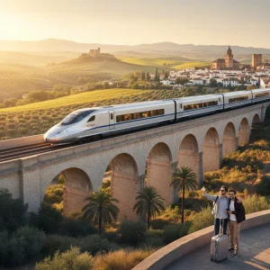 Viajes Baratos España: Tren al 20% Hasta 2026 - ¡Descubre 7 Rutas Nacionales! Tren de alta velocidad moderno viajando por un paisaje rural español con un pueblo histórico, simbolizando viajes baratos y eficientes.