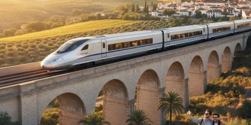 Tren de alta velocidad moderno viajando por un paisaje rural español con un pueblo histórico, simbolizando viajes baratos y eficientes.