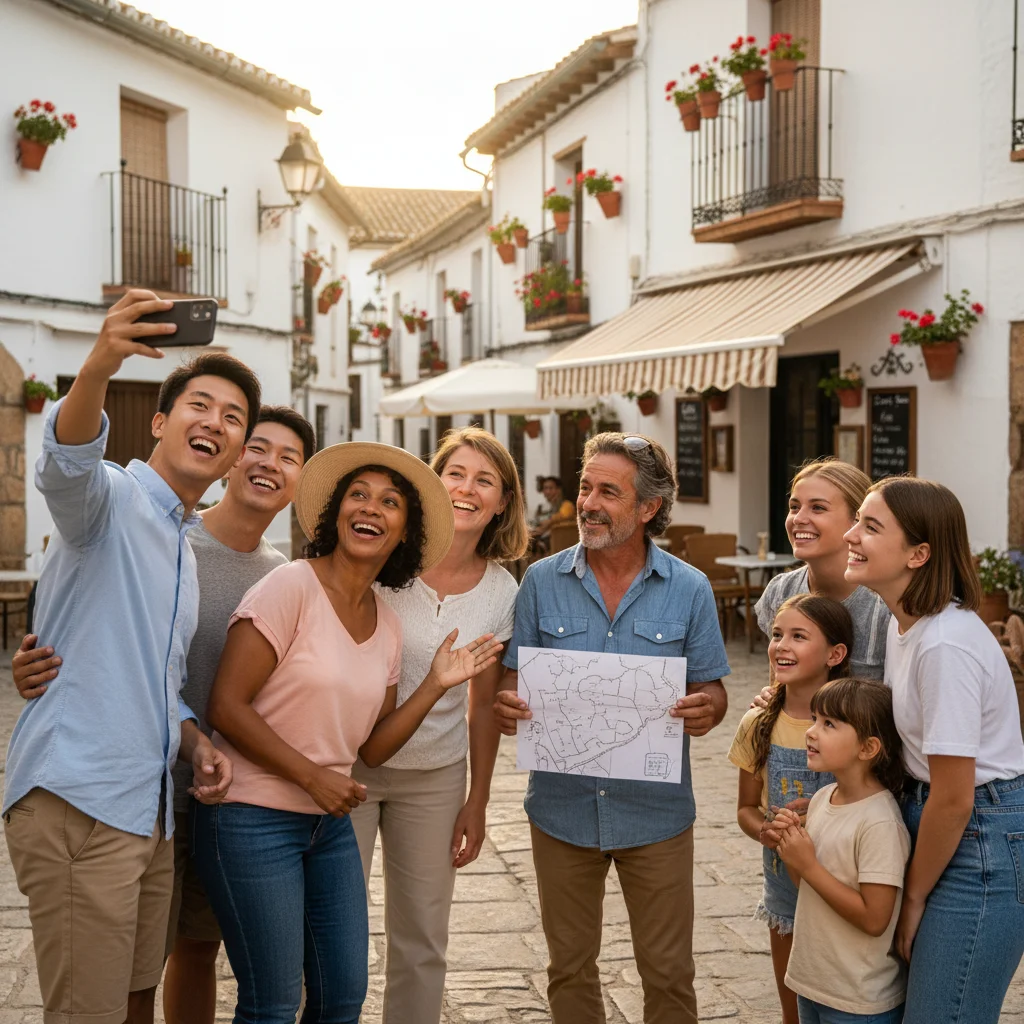 Grupo de viajeros interactuando con un guía local en un pueblo español, enfatizando experiencias personalizadas.